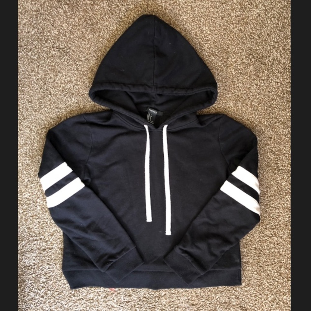 Cropped Black Hoodie with Stripes